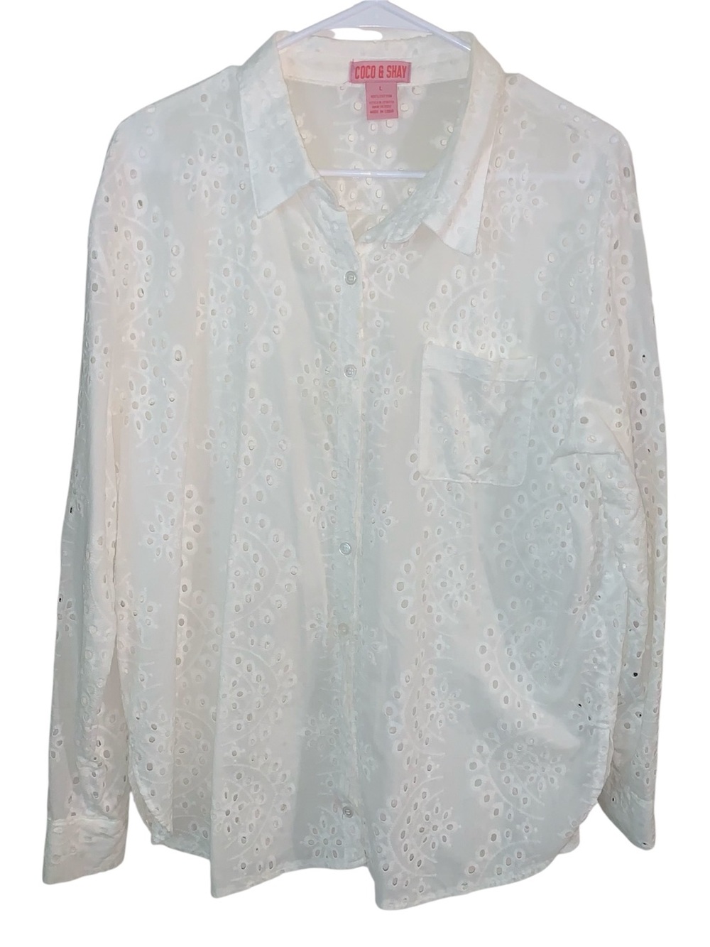 Coco & Shay White Eyelet Button-Front Shirt - Lightweight Women's Blouse